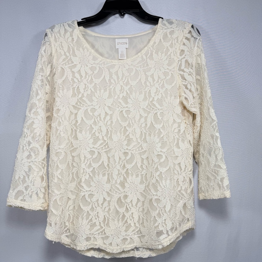 Chico's Cream Floral Lace Scoop Neck 3/4 Sleeve Lined Top Size 0 Small - Picture 2 of 10